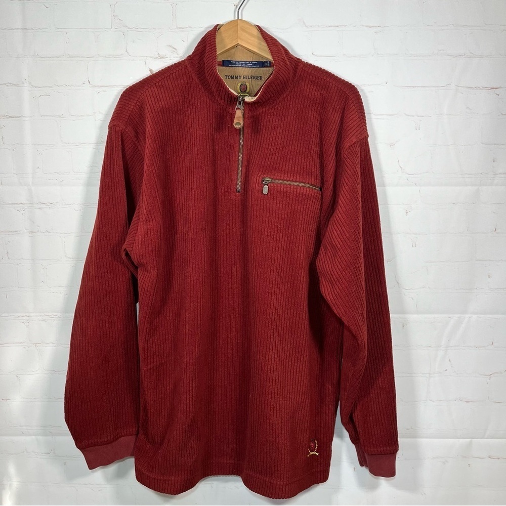 Vintage Tommy Hilfiger 1/4 Zip Pullover Sweater Mens Size XL Maroon Ribbed